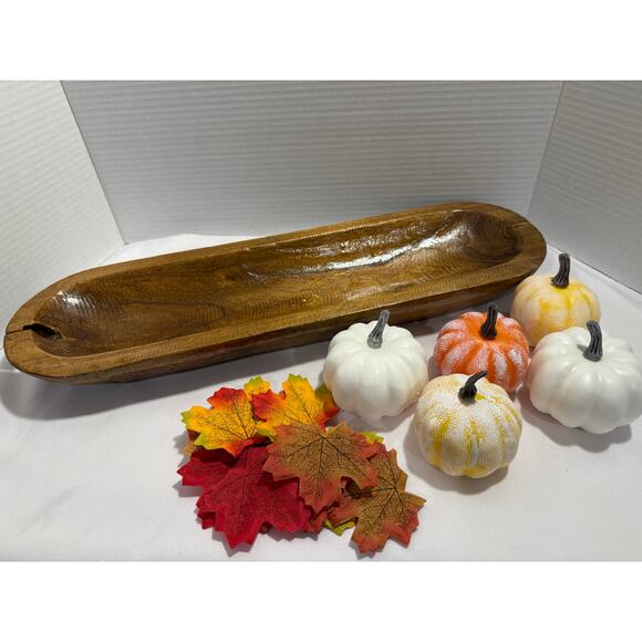 Carved Wooden Dough Bowl Primitive Wood Rustic Fall Decor, Pumpkins, Leaves - Picture 10 of 13
